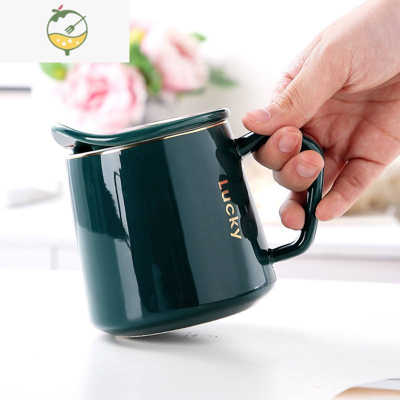 YICHENG北欧ins家用马克杯子带盖勺 个性潮流镜面杯早餐杯陶瓷水杯大容量