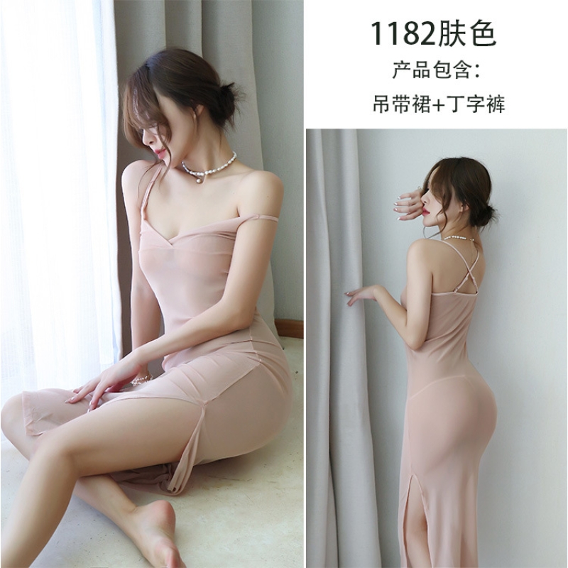 长夜漫漫情趣内衣女 性感透视网纱吊带睡裙 开叉睡衣一件1182 肤色 均码(80-125斤)