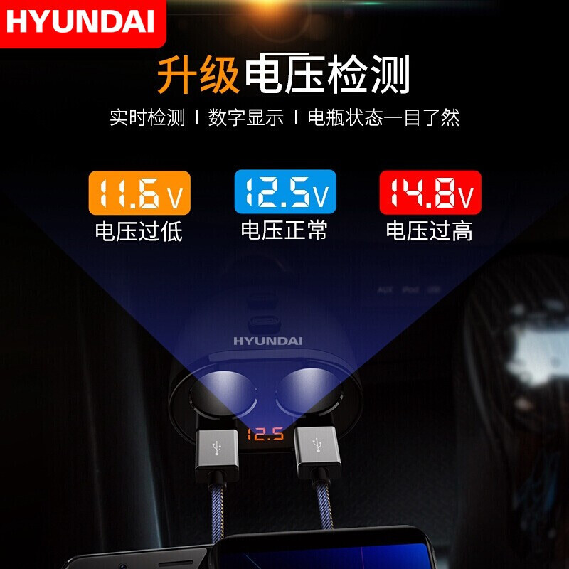 现代 HYUNDAI 车载充电器 快速车充点烟器双USB一拖四双点烟扩展器 智能电压检测 黑色 HY-16