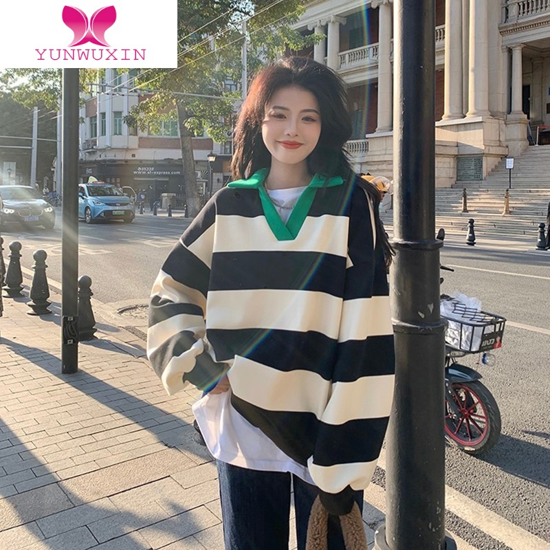 YUNWUXINulzzang减龄大条纹加绒卫衣女大码宽松hiphop高街外套嘻哈潮ins酷
