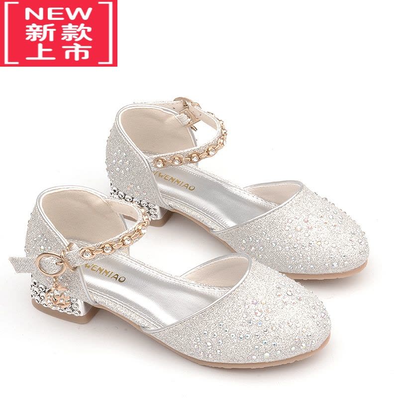 可莉允女童高跟鞋公主儿童包头凉鞋宝石皮鞋配纱裙白色软底小孩子水晶鞋运动休闲鞋图片