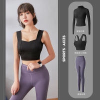 瑜伽服女春夏季紧身显瘦健身房速干衣健身服晨跑运动套装 S 【三件套】黑色外套+黑色文胸+紫色长裤