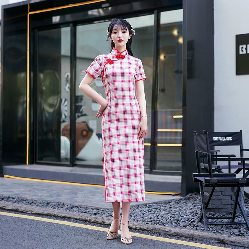 中国风格子改良版旗袍连衣裙女2021新款夏季贵夫人显瘦收腰连衣裙 短袖长旗袍军绿大方格 S 收藏店铺,优先发货
