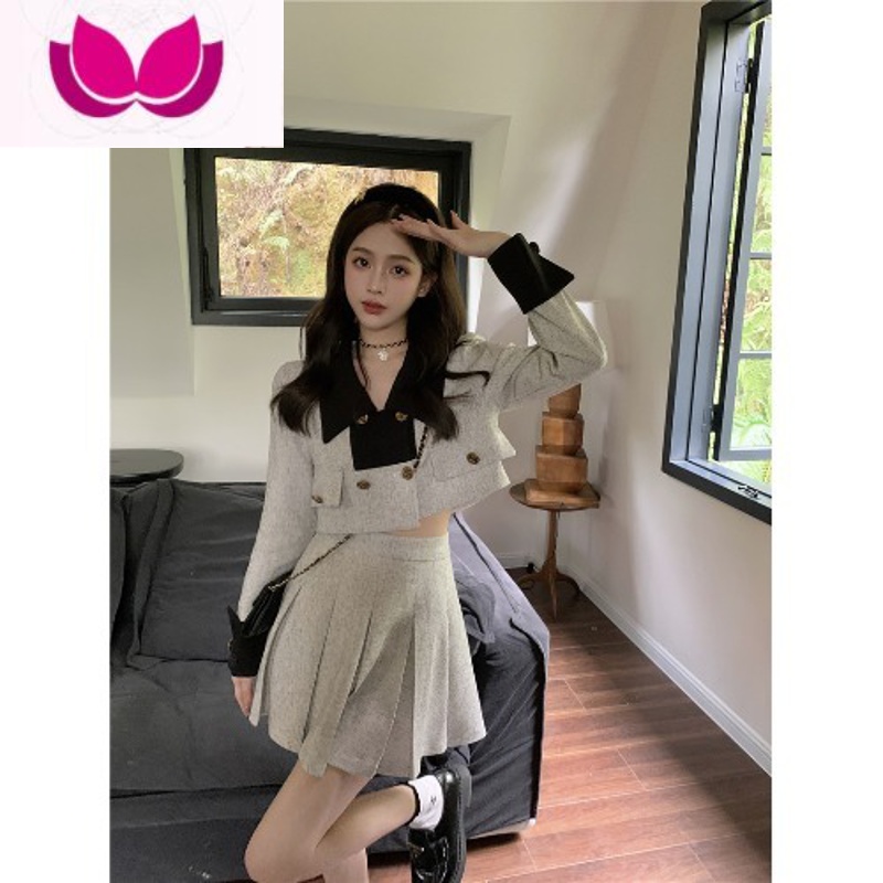 七斓时尚套装撞色V领长袖短款外套女春季高腰半身裙子套 M 灰色套装
