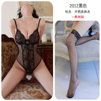 长夜漫漫情趣内衣性感蕾丝开裆免脱连体衣透视诱惑吊带睡衣女2012_64 均码(80-125斤) 黑色+网袜