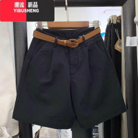 YIBUSHENG卡其色工装短裤女大码2024新款季胖mm显瘦五分裤a字休闲阔腿2 L建议100-120斤 黑色送腰带