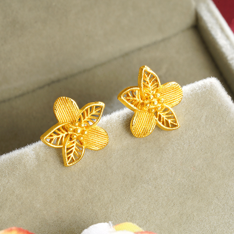 沙金花朵耳钉夏季女士百搭高级感复古轻奢流行时尚耳饰品镀金配饰送女朋友老婆情人节七夕生日礼物