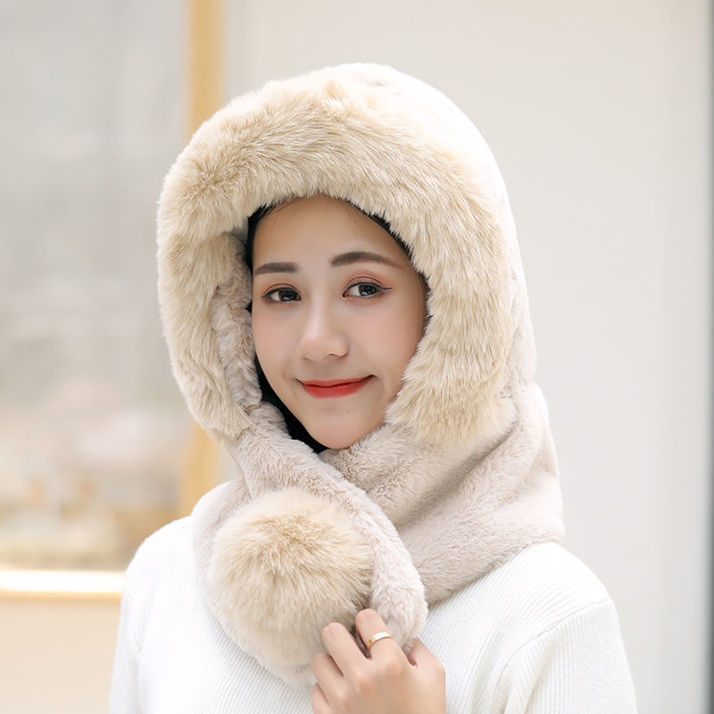 冬季帽子女士护耳保暖围脖一体风雪帽时尚毛绒加绒加厚包头雷锋帽 米