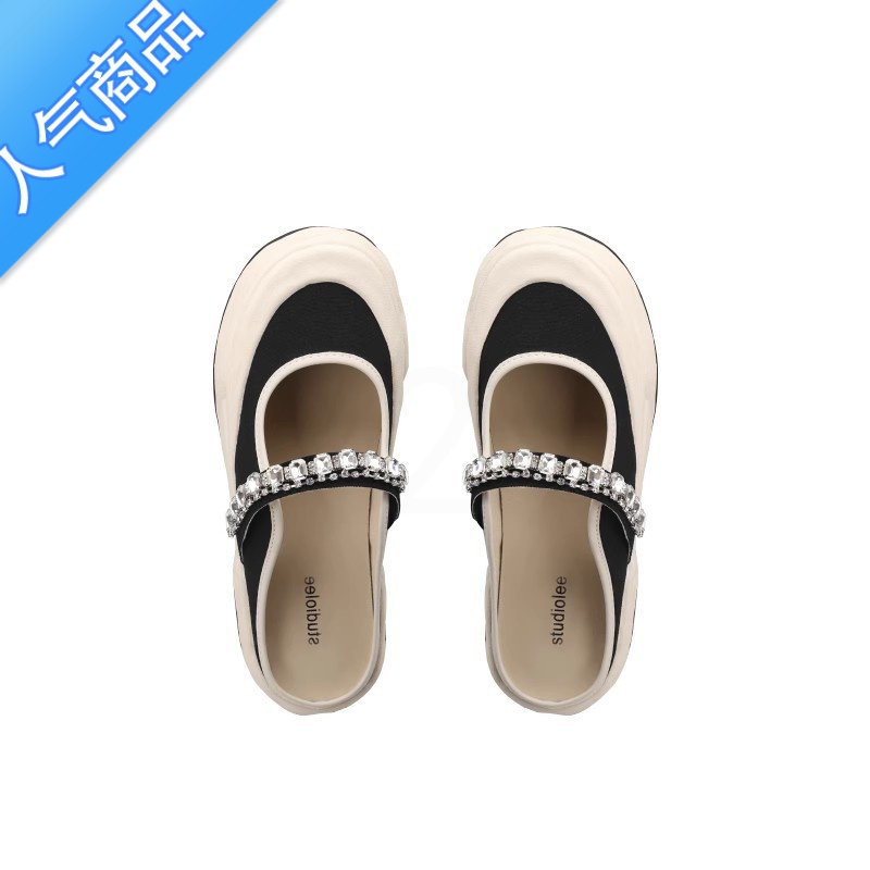 SUNTEK羊皮版~2023新款水钻一字带魔术贴圆头浅口玛丽珍鞋半拖帆布鞋T高清大图