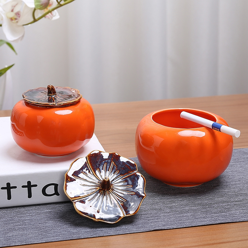 法耐fanai柿子烟灰缸客厅陶瓷个性潮流大号带盖防飞灰家用茶几摆件