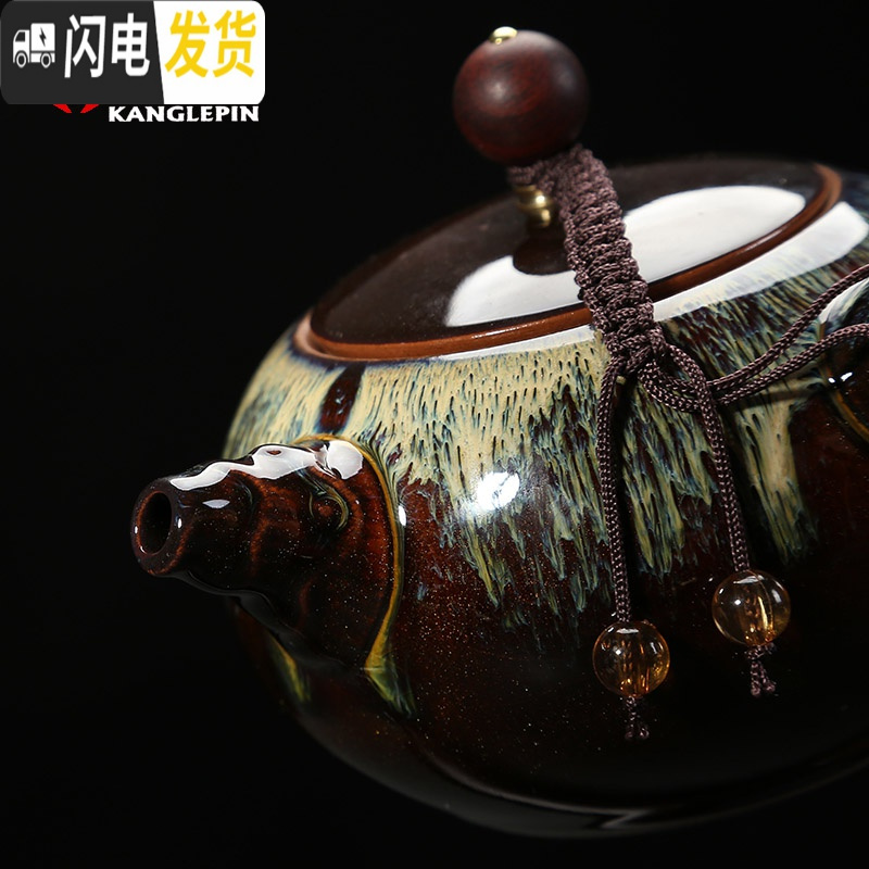 三维工匠功夫茶具套装家用窑变天目釉建盏整套中式钧窑茶壶盖碗 陶瓷茶杯 镶金饰-10件套建盏天目釉盖碗茶具