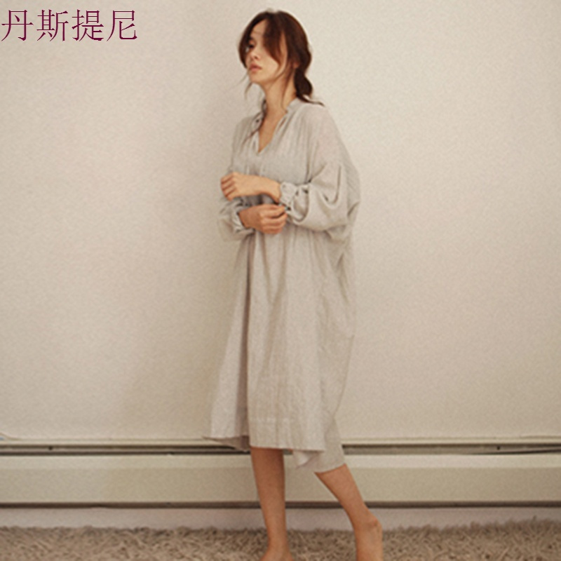 睡裙女夏长袖韩版长款薄睡衣春秋休闲简约纯棉麻布日系家居服