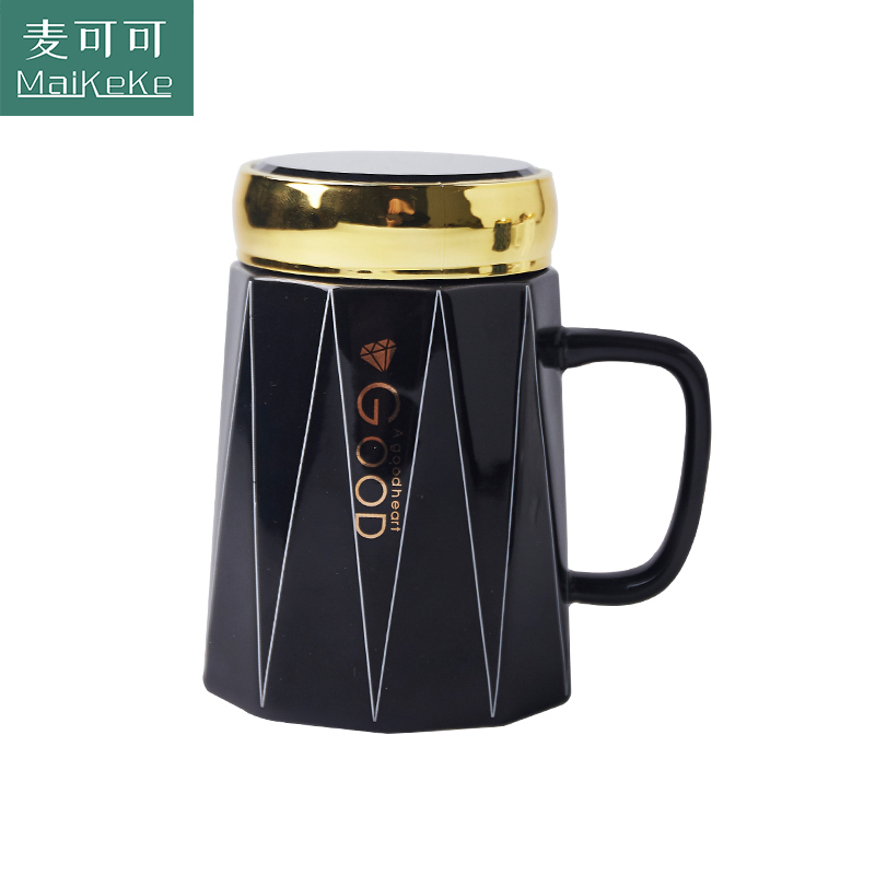 麦可可 创意个性经典办公早餐牛奶情侣家用陶瓷杯品悦马克水杯 带盖470ML曜石黑