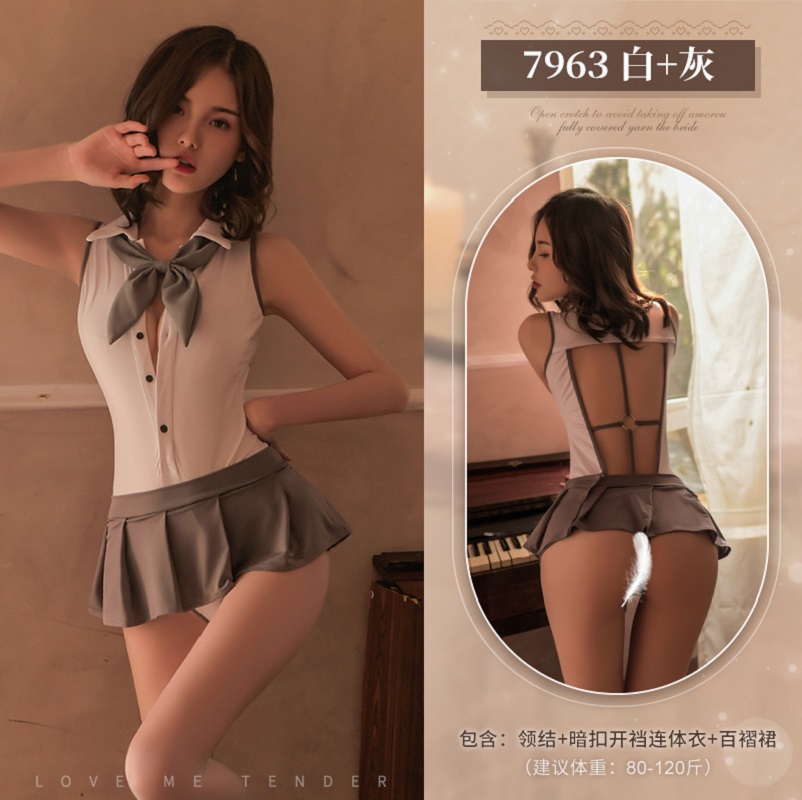 霏慕连体衣校园可爱制服性感情趣内衣学院风露背连体衣套装女式情趣睡衣短裙女士成人用品7963 白黑【连衣裙+T裤】6966 均码