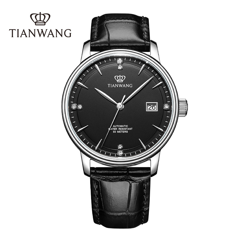 【支持后盖定制刻字服务】天王表(TIANWANG)手表 昆仑系列男士皮带自动机械表防水商务男表GS51001 黑色男表