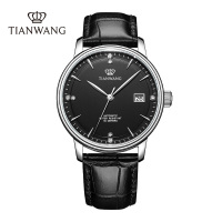 天王表（TIANWANG）手表 昆仑系列男士皮带自动机械表防水商务男表GS51001 黑色男表