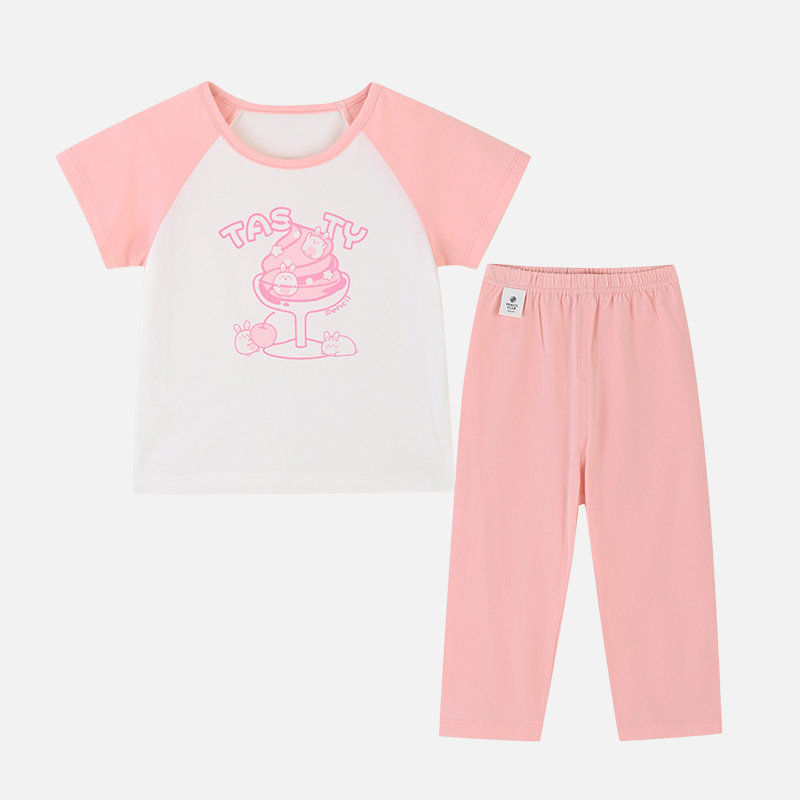【1件3.5折】铅笔俱乐部2025夏装新品女小童家居服儿童居家两件宝宝短袖七分裤 虾玉红 110cm
