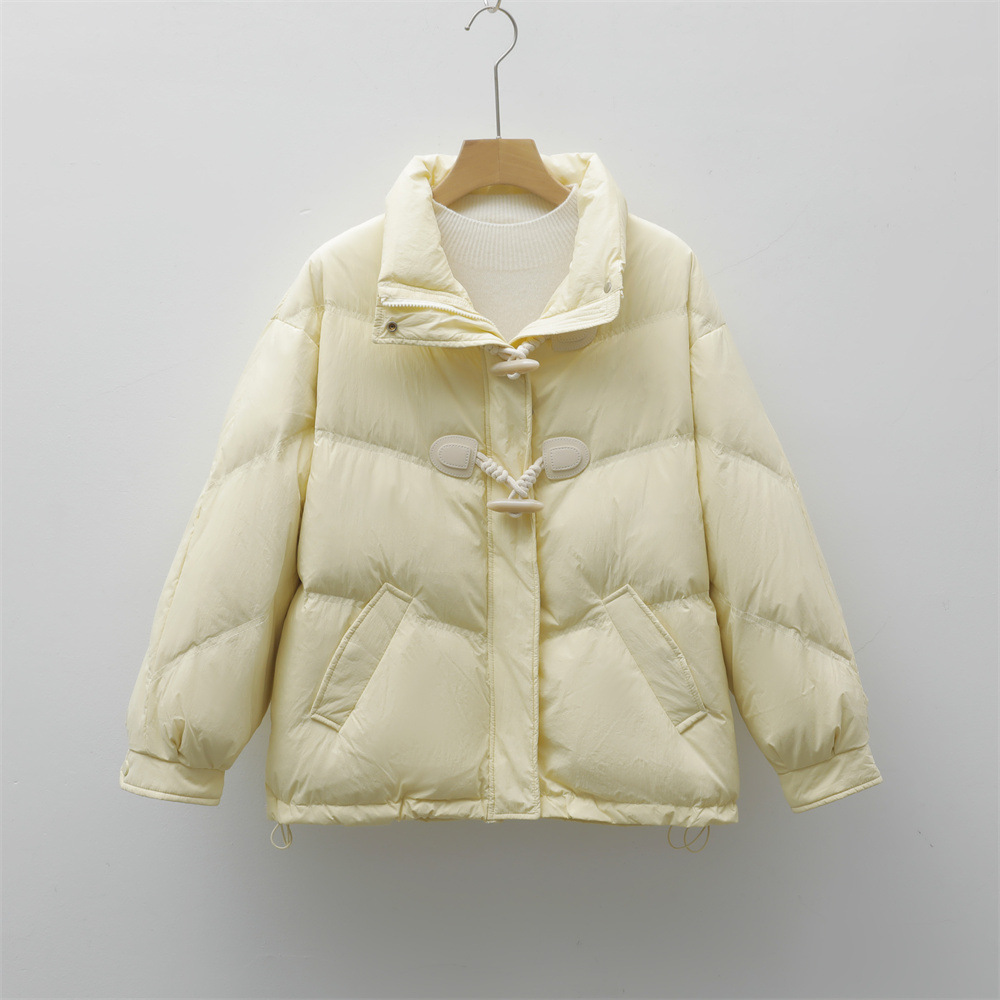 新款短款宽松灯芯绒面包服外套立领牛角扣羽绒服女_55高清大图