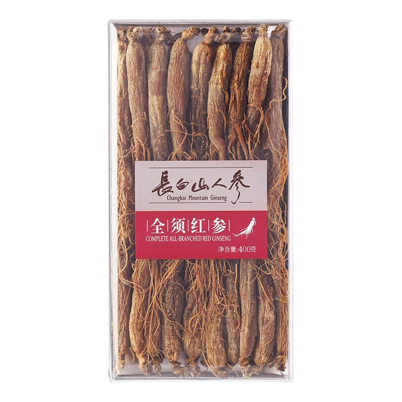 长白山人参全须红参饱满参头紧实肉质参味浓郁亚克力盒400g