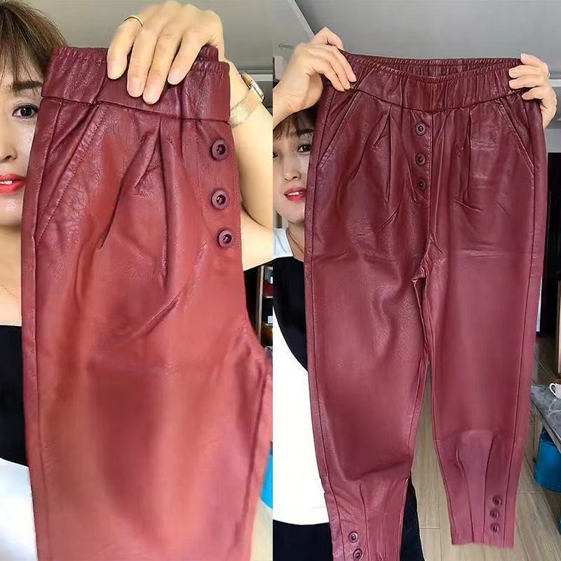 单/加绒2021新款pu皮裤女洋气休闲时尚束脚皮哈伦裤200斤胖妹妹女