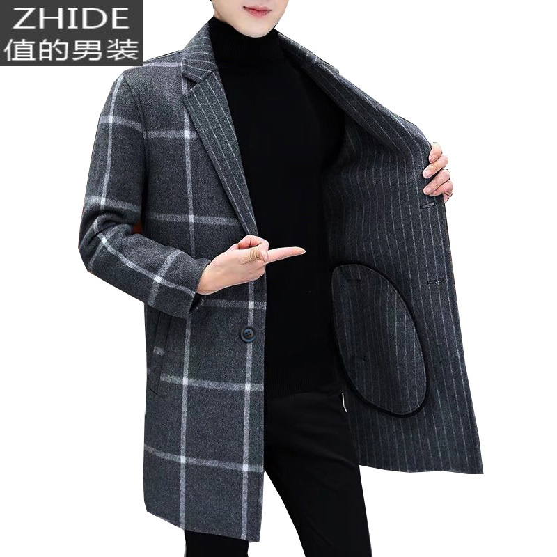 suntek秋冬季男士大衣双面尼中长款潮流毛呢风衣商务休闲翻领妮子外套