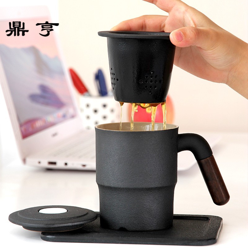 鼎亨简约大容量马克杯陶瓷水杯带盖过滤茶杯家用办公室复古泡茶杯