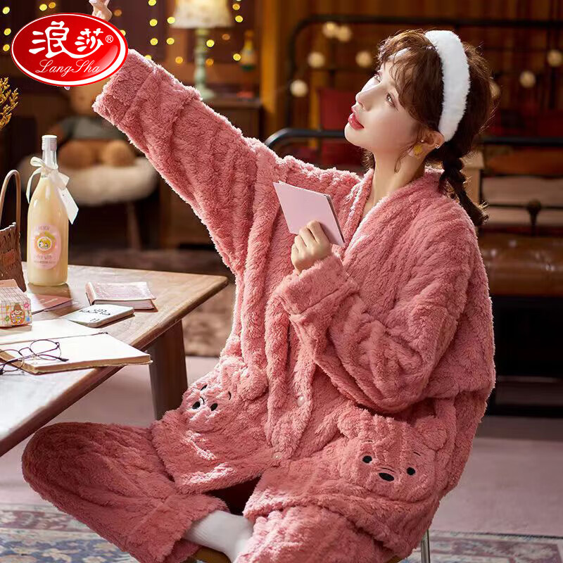 浪莎睡衣女长袖珊瑚绒秋冬季加绒加厚法兰绒冬天加大码家居服套绒高清大图