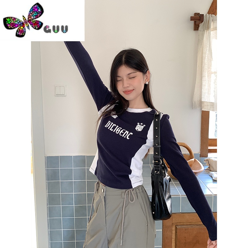 语娄美式复古字母印花长袖拼色T恤女装秋季修身显瘦短款上衣