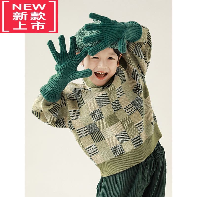 可莉允男童几何拼色芝麻点提花休闲宽松软弹内搭毛衣冬季儿童针织衫图片