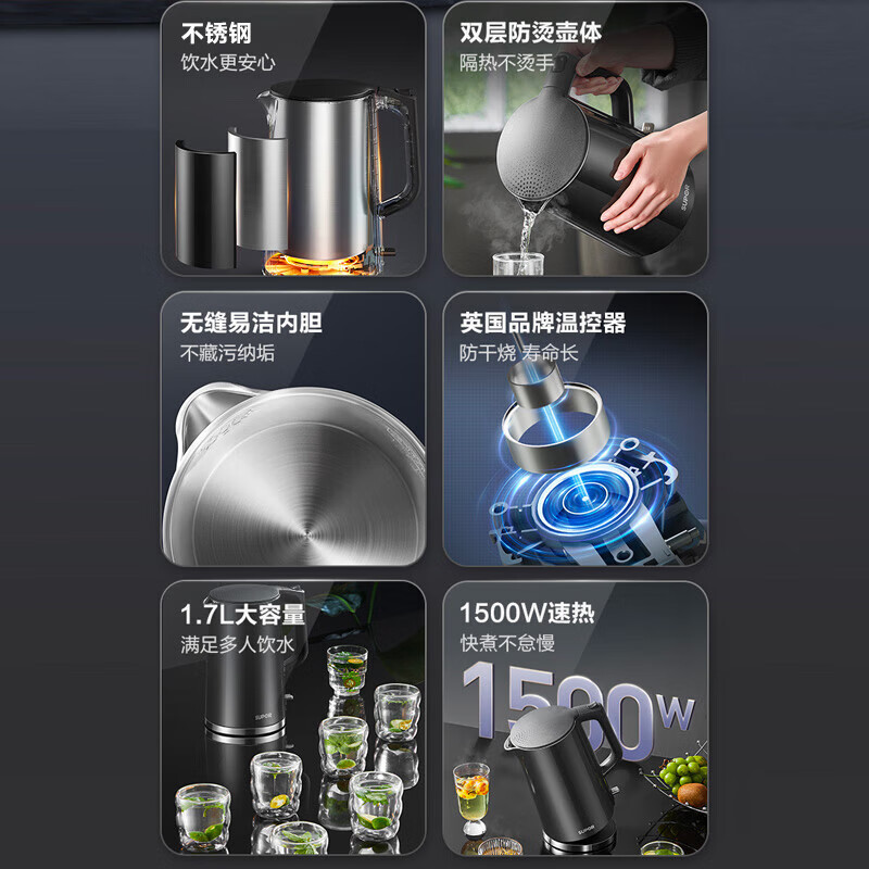 苏泊尔(SUPOR)电热水壶烧水壶1.7升大容量316L不锈钢内胆双层防烫家用电开水壶 SW-17J416L高清大图