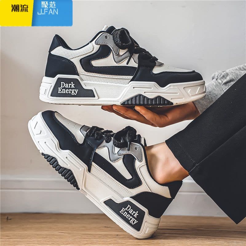 聚范男鞋2024新款夏季透气黑白熊猫板鞋男款休闲运动厚底防滑网面潮鞋图片
