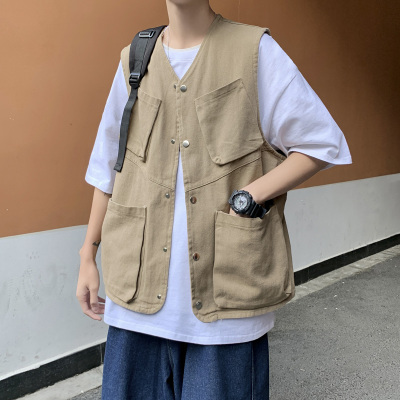 夏季日系多口袋工装无袖马甲男外穿坎肩背心复古个性宽松薄款外套