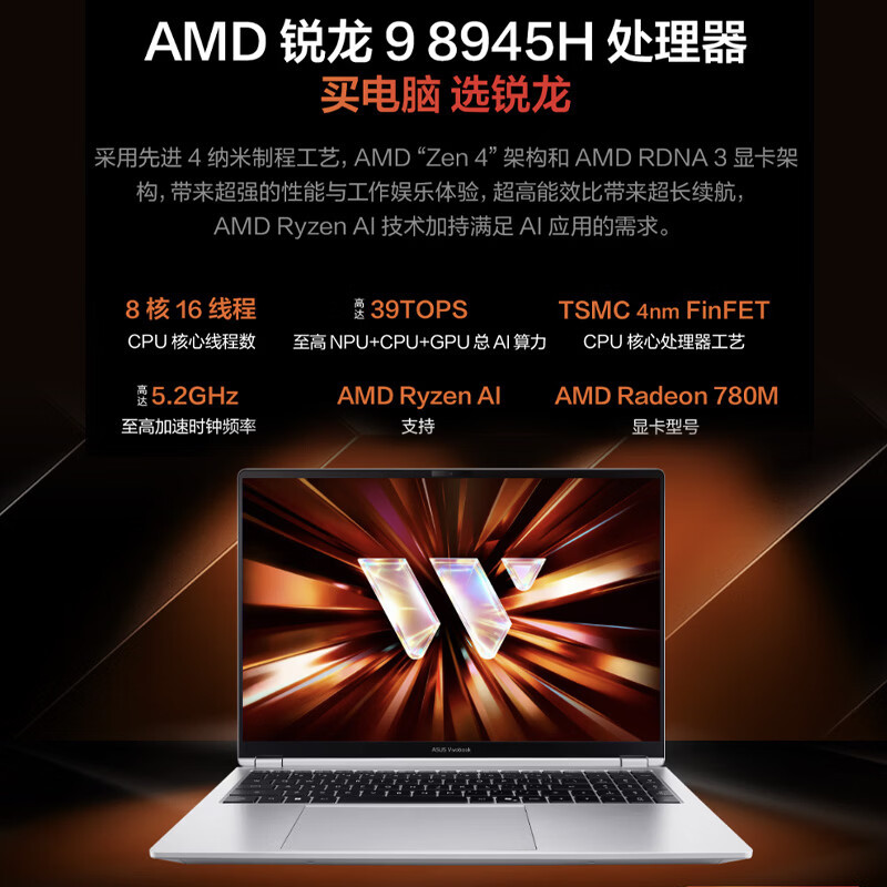 华硕无畏Pro16 锐龙版 2026 AI轻薄本笔记本电脑(锐龙9 8945H 32G 1T 1100尼特OLED)高清大图