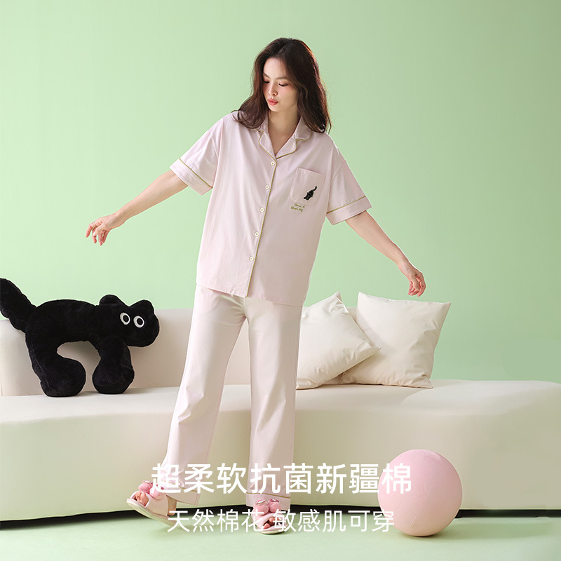 米奇喵[抗菌新疆棉]甜美系春夏季短袖长裤开衫睡衣女拉架纯棉韩版套装 纯棉韩版套装 颜色尺码备注高清大图