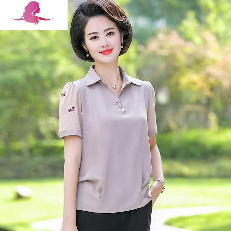 艳如飞中老年女装短袖t恤中年大码衬衫夏装宽松大码上衣雪纺妈妈装