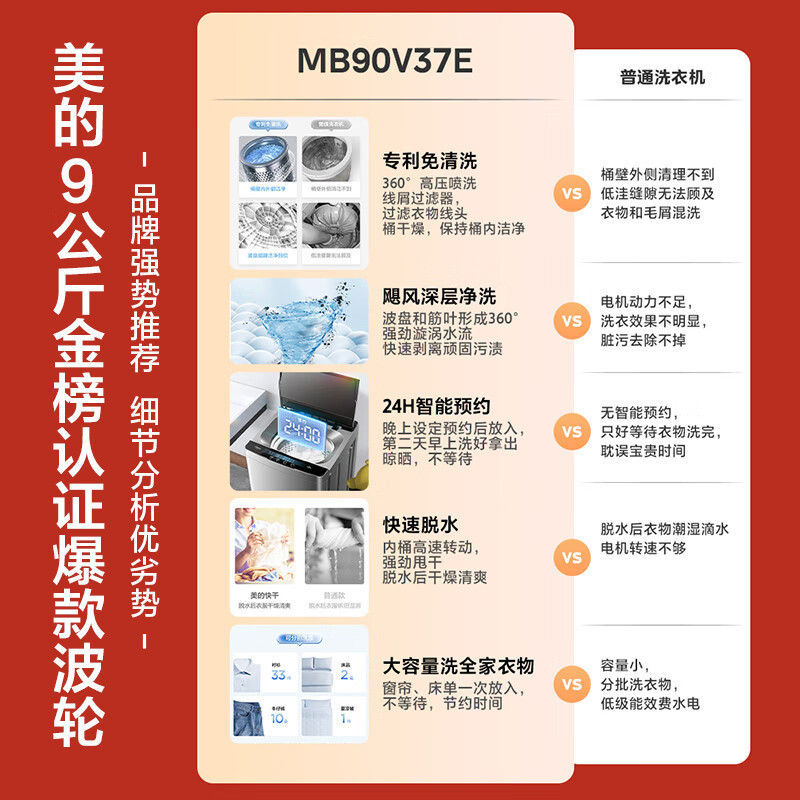 美的(Midea)全自动波轮洗衣机90V37 9公斤专利免清洗十年桶如新宿舍租房神器随心洗系列MB90V37E
