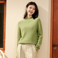 【100%绵羊毛】恒源祥羊毛衫女时尚半高领打底纯色绞花纹理针织衫 160/84A/S 松棕绿