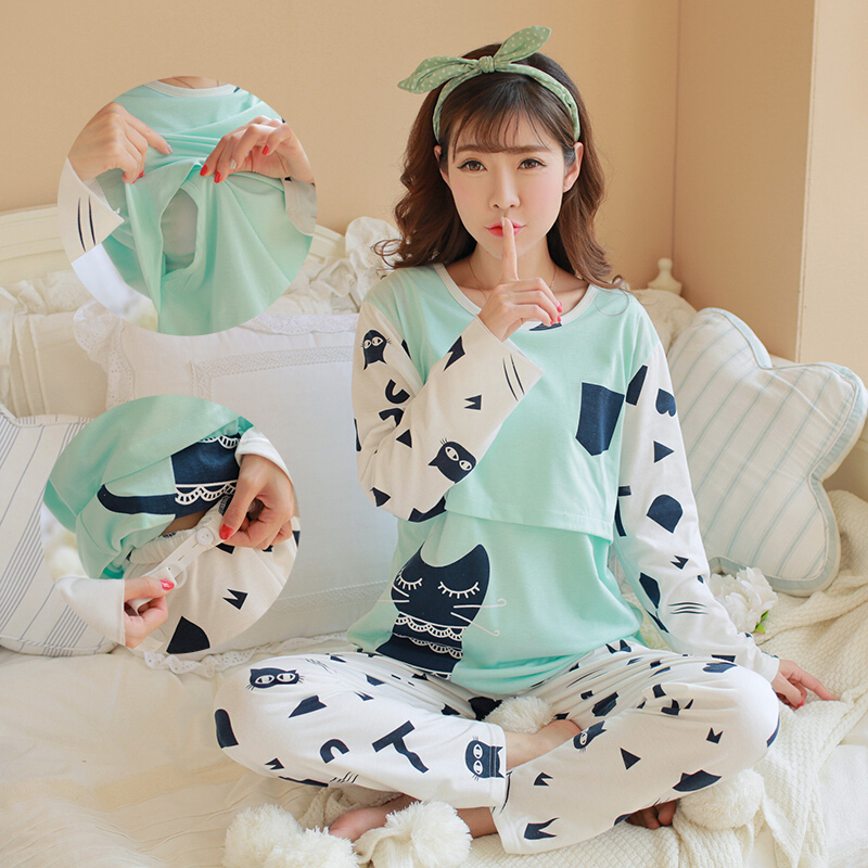 夏季孕妇产后哺乳期喂奶衣套装长袖薄款产妇坐月子服睡衣外出春秋