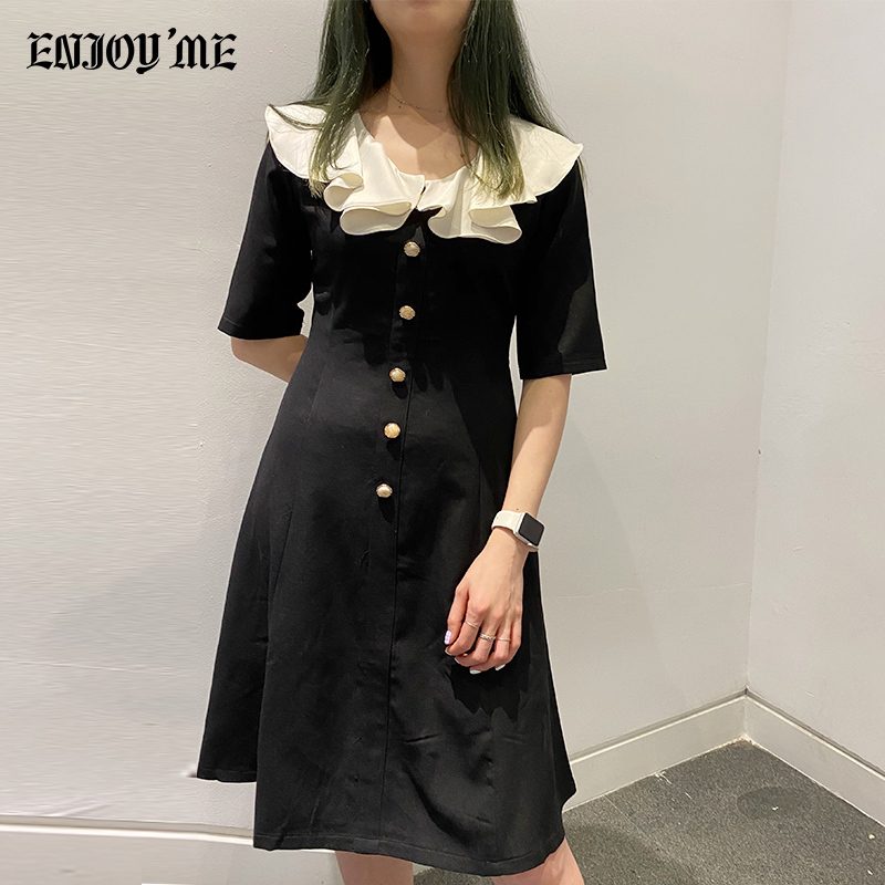 ENJOY’ME优雅金属扣连衣裙花边翻领A字裙20春季女装新品