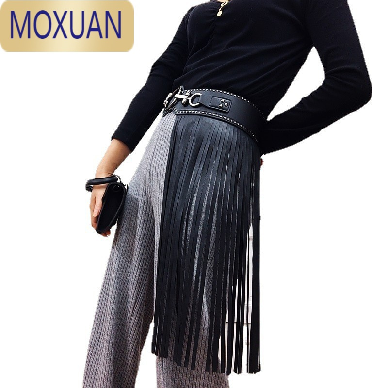 MOXUAN欧美个性长流苏裙子女士腰封时尚铆钉宽腰带松紧朋克风黑色皮带潮