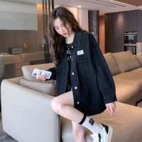 [1折价62.9元叠加优惠券]唐狮春季新款牛仔外套女春秋黑色设计感小众宽松休闲上衣K