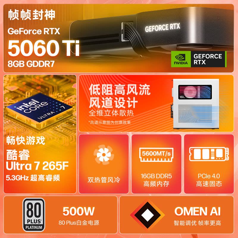 惠普(HP)暗影精灵11 新品台式电脑 游戏台式机主机 设计师电脑 Ultra7 265F RTX5060Ti 16G 1T蓝牙 WIFI TG03-046wcn图片