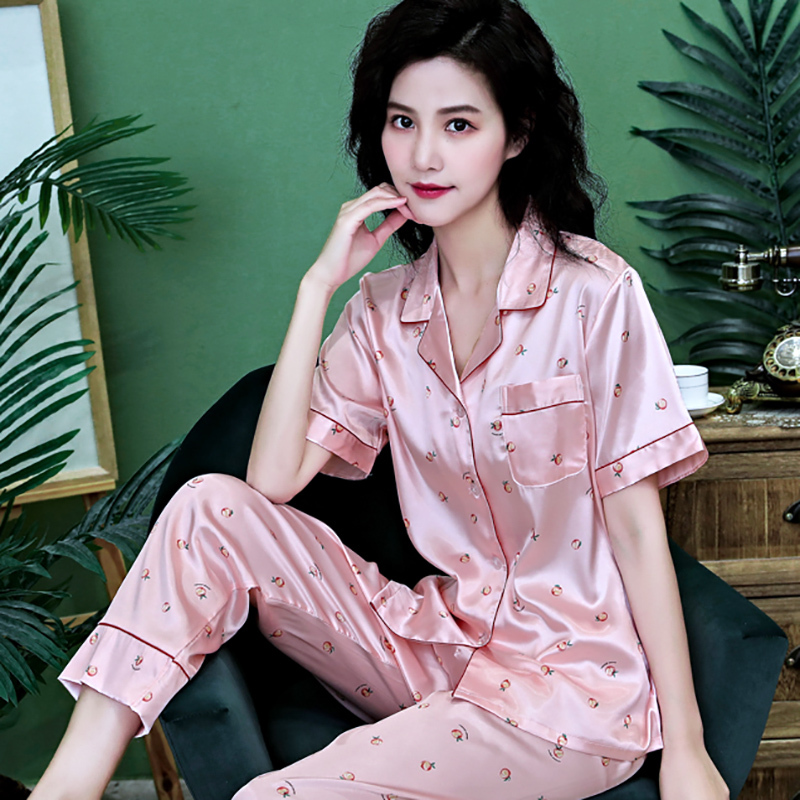 suntek女士春夏季短袖长裤冰丝睡衣女夏薄款家居服冰丝开衫大码两件