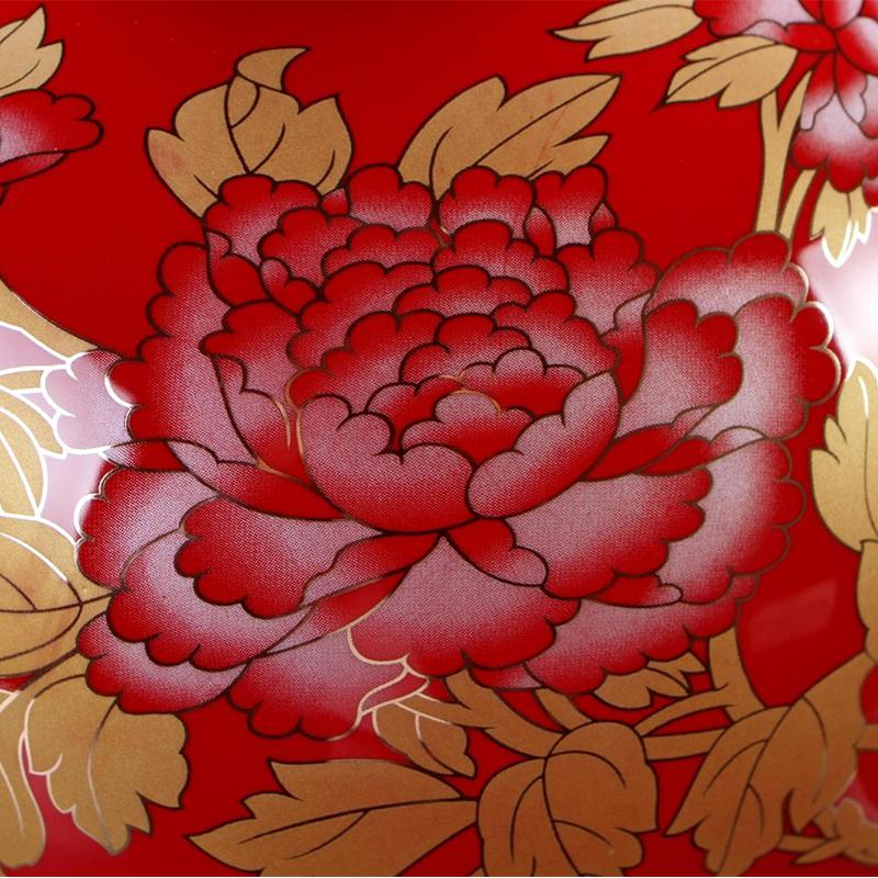 德化富贵红陶瓷摆件花瓶中国红天地方圆纯红瓶牡丹花瓶家居 三维工匠 牡丹花29*29cm高清大图