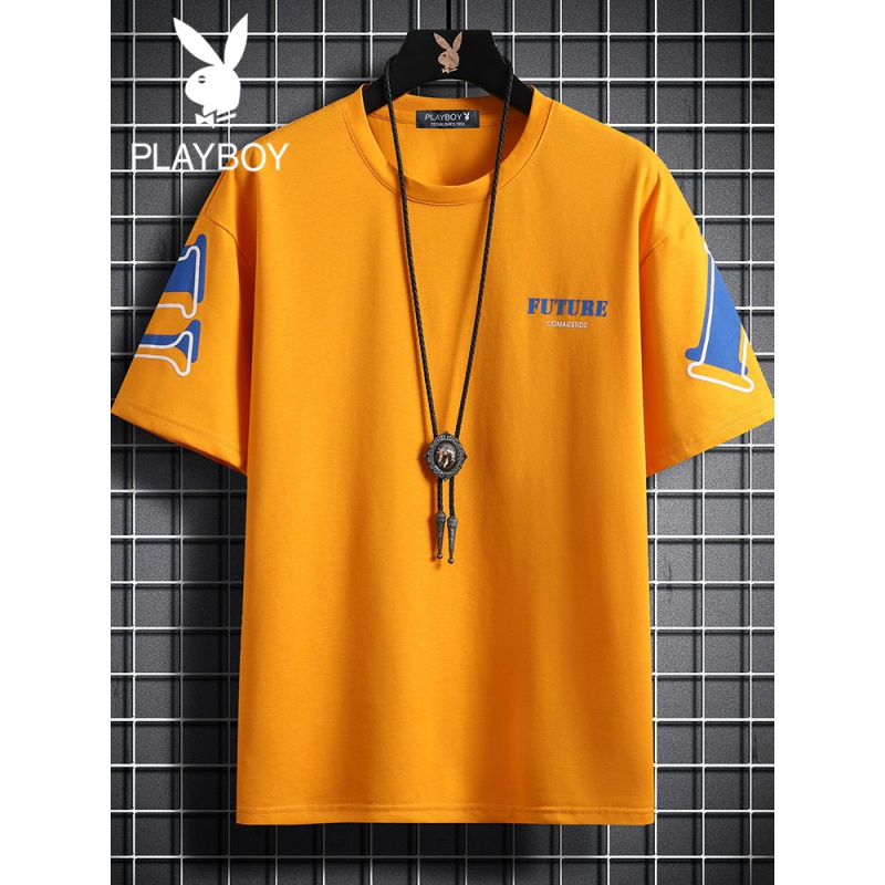 花花公子夏季新款潮流字母印花短袖T恤男圆领宽松五分袖打底青年