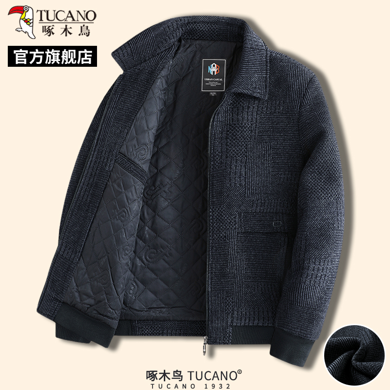啄木鸟冬季新款男士中年呢子大衣爸爸装保暖夹克外套加棉上衣服衣高清大图