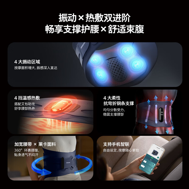 飞利浦(PHILIPS)按摩腰带 腰部支撑按摩器腰肌劳损蓝牙智联振动热敷承托5201B L码