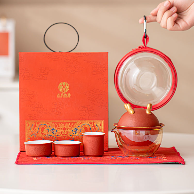 苏氏陶瓷(SUSHI CERAMICS)描金万事兴龙快客杯礼盒便捷旅行包茶具高清大图