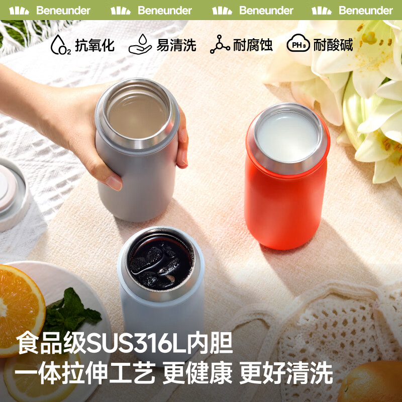 Beneunder户外轻量随行保温杯 LC131轻浪蓝、草茵绿 漫暮黑、绯桃粉,暖灰粉高清大图