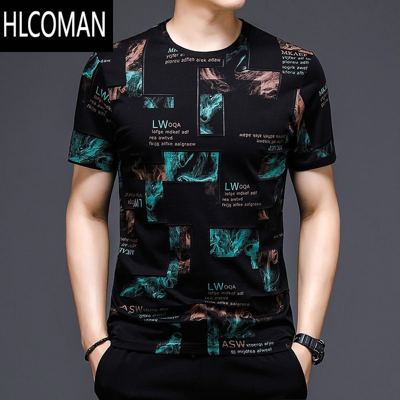 HLCOMAN夏季冰丝冰感短袖T恤男圆领印花上衣欧洲站潮牌时尚个性青年半袖